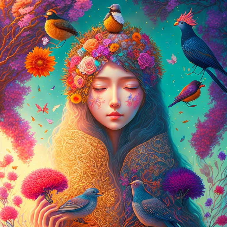 Illustration of woman with flowers, birds, and blossoms in colorful setting