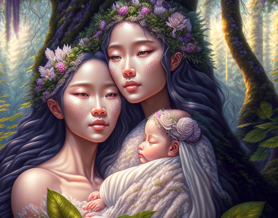 Ethereal women with floral crowns in dreamy forest with sleeping infant