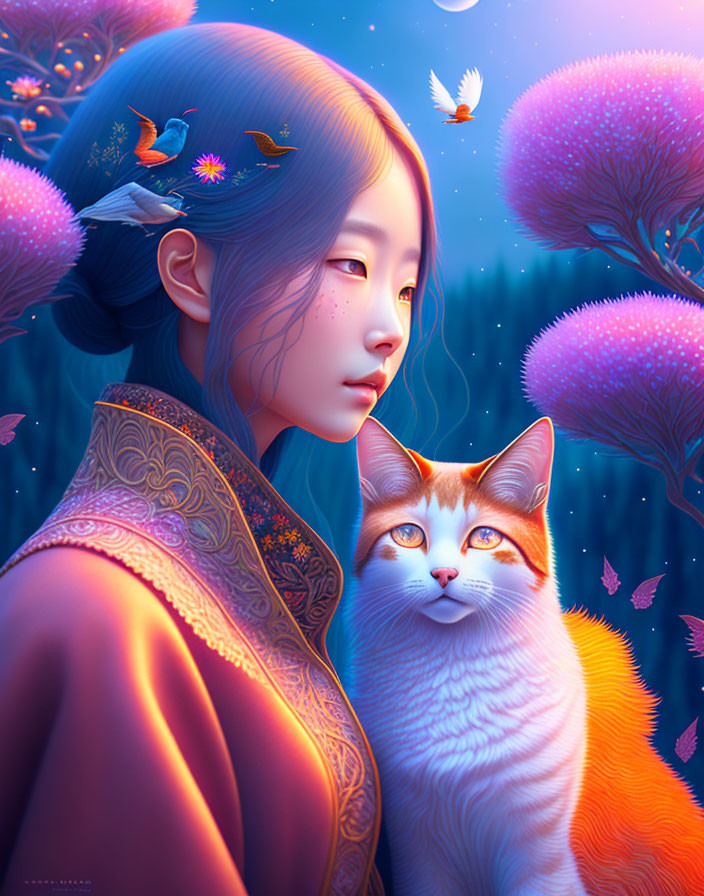 Blue-haired woman in traditional attire with white and orange cat in surreal, vibrant landscape