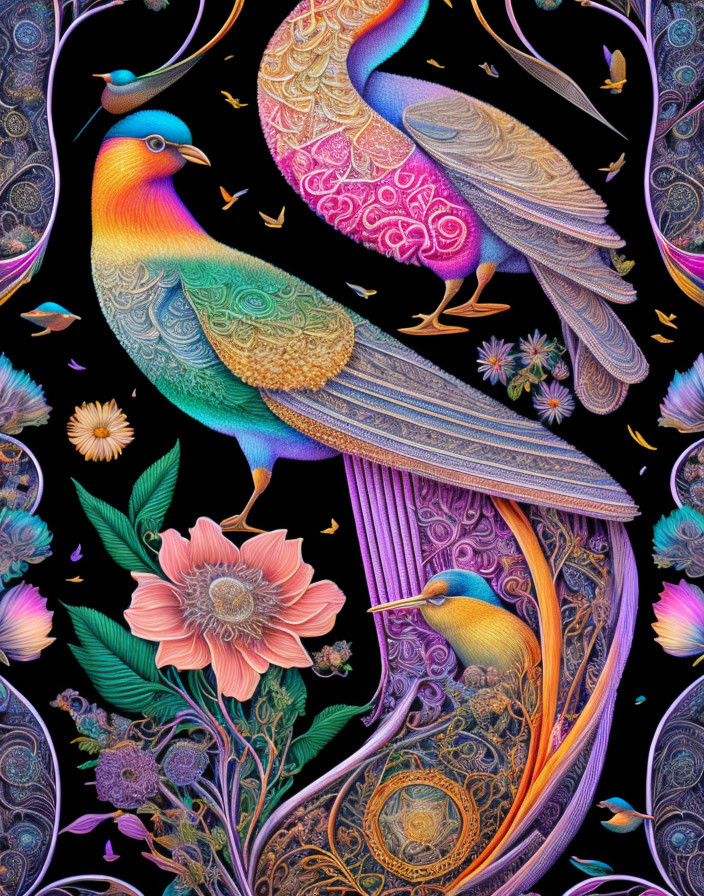 Detailed fantasy artwork of two peacocks with ornate feathers in floral setting