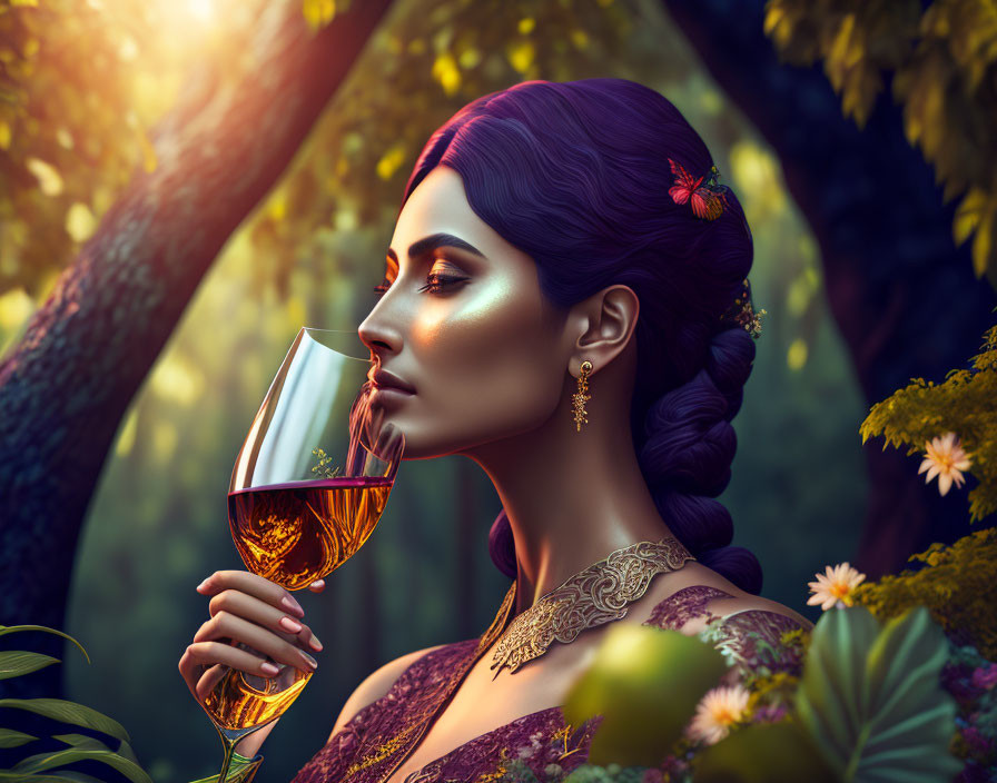 Purple-Braided Woman Holding Wine Glass in Sunlit Greenery