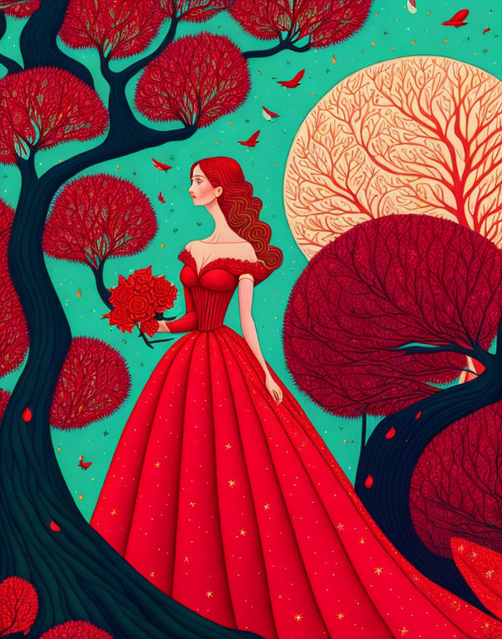 Stylized illustration of woman in red dress among red and gold trees