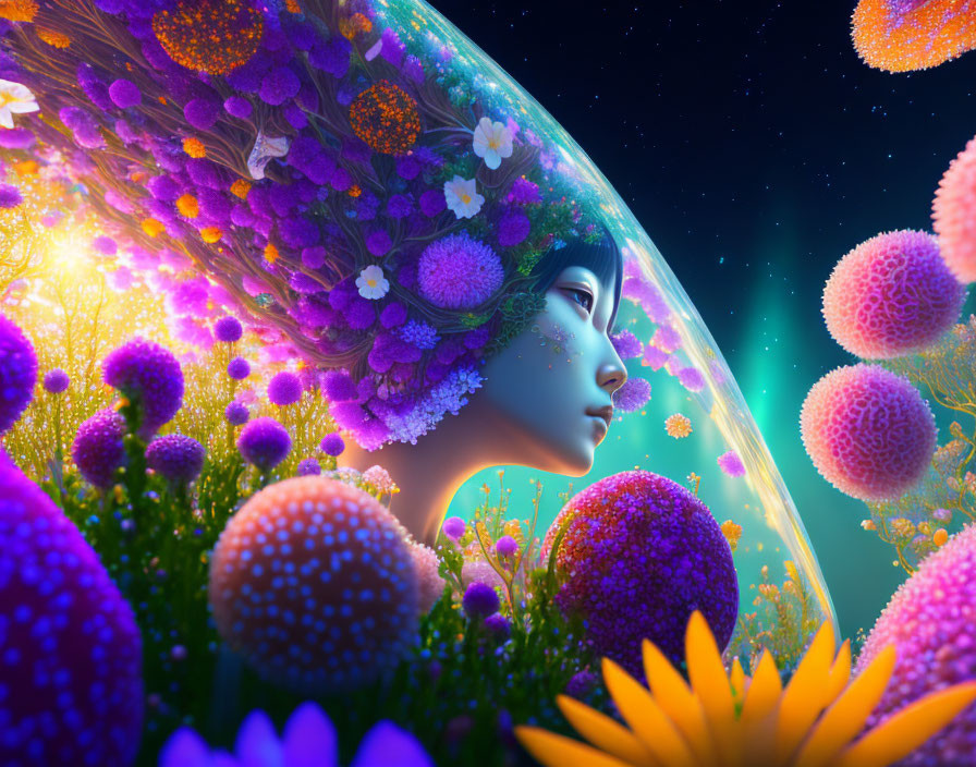 Surreal image: Woman's profile merged with vibrant floral dome