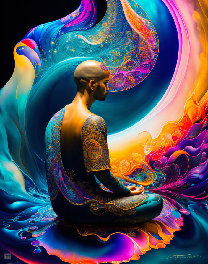 Meditating person surrounded by vibrant swirling colors and patterns