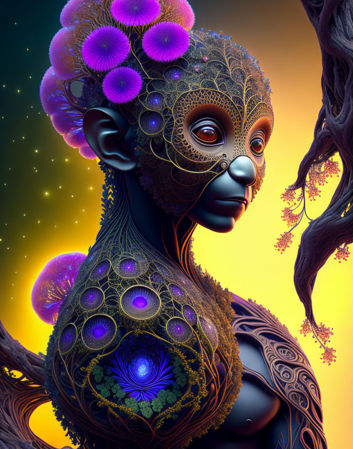 beautiful Tarsier-human hybrid man, fractal tree b