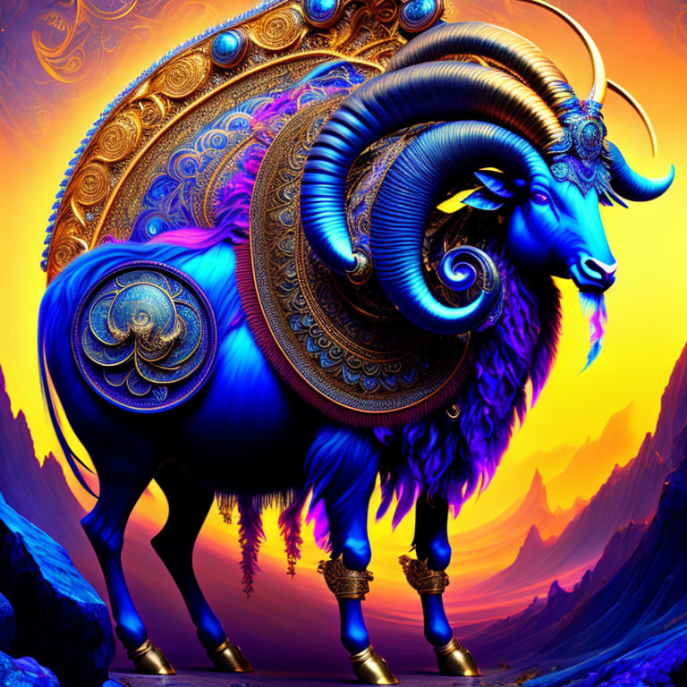 Colorful Ram Artwork with Golden and Blue Patterns on Orange Background