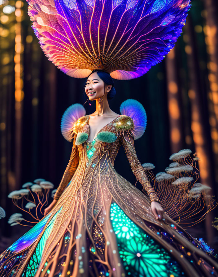 Elaborate peacock-inspired gown worn by woman in forest