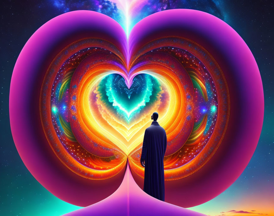 Person in Cape Stands Before Cosmic Heart Portal