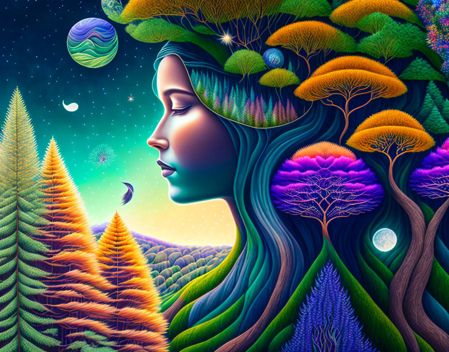 Vibrant woman profile art with nature-themed hairdo & cosmic elements