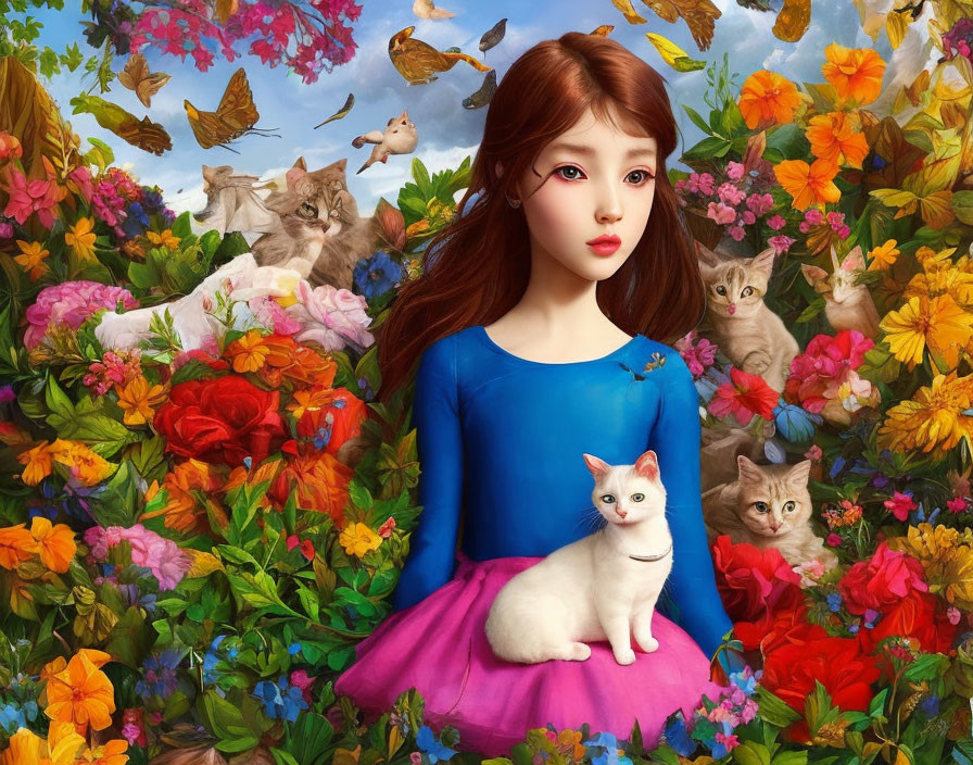 Digital Artwork: Red-Haired Girl Surrounded by Cats and Flowers