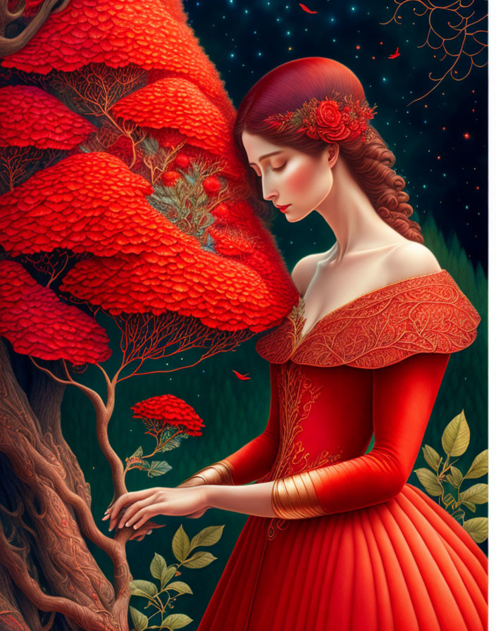 Illustration of Woman with Red Hair in Detailed Red Dress Under Starry Night Sky