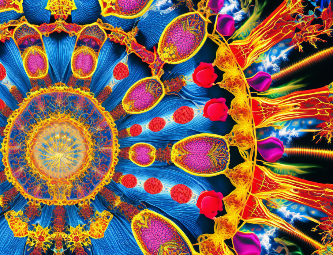 Colorful fractal patterns with circular mandalas and abstract flora-like structures