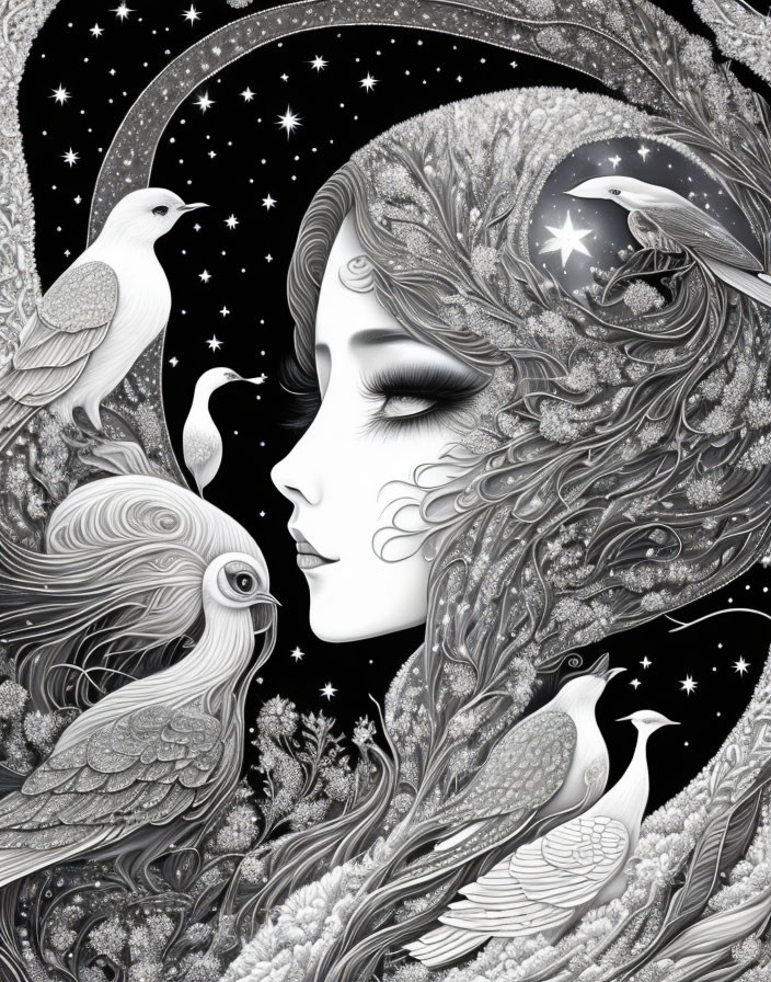 Monochromatic woman profile with birds and celestial motifs