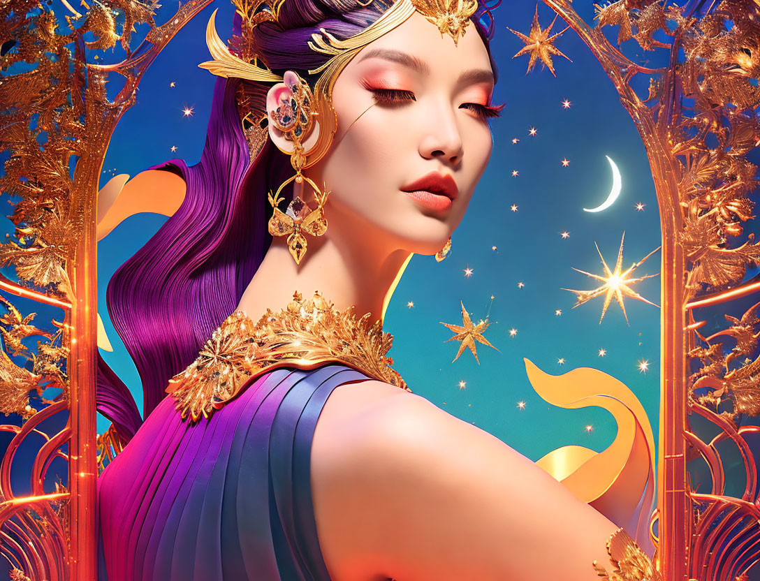 Portrait of woman with purple hair and celestial jewelry in starry background.