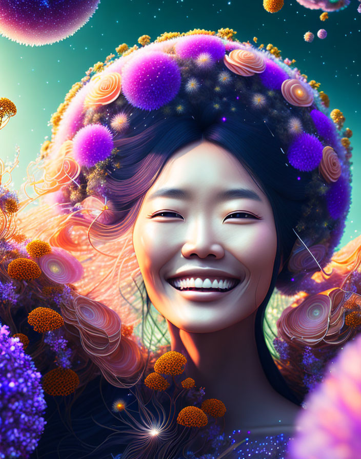 Colorful surreal portrait of a smiling woman with vibrant coral reef hairstyle.