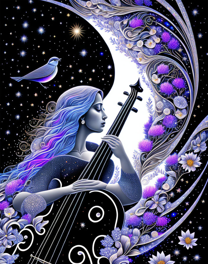 Illustration of woman with blue hair playing cello in night sky with flowers and bird.