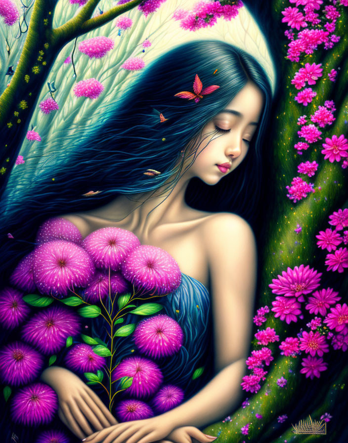 Woman with flowing hair, pink flowers, butterflies, and forest backdrop.