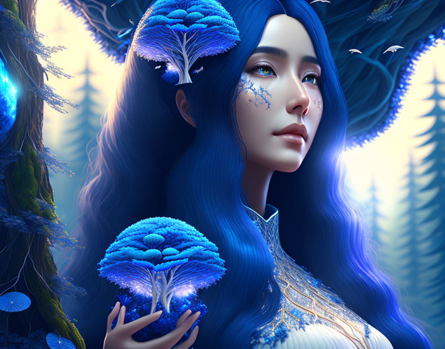 Digital artwork featuring woman with blue hair and glowing fungi in mystical forest