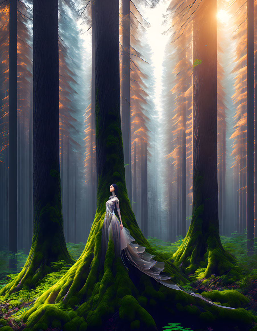 Person in elegant dress in mystical forest with towering trees and sunlight.