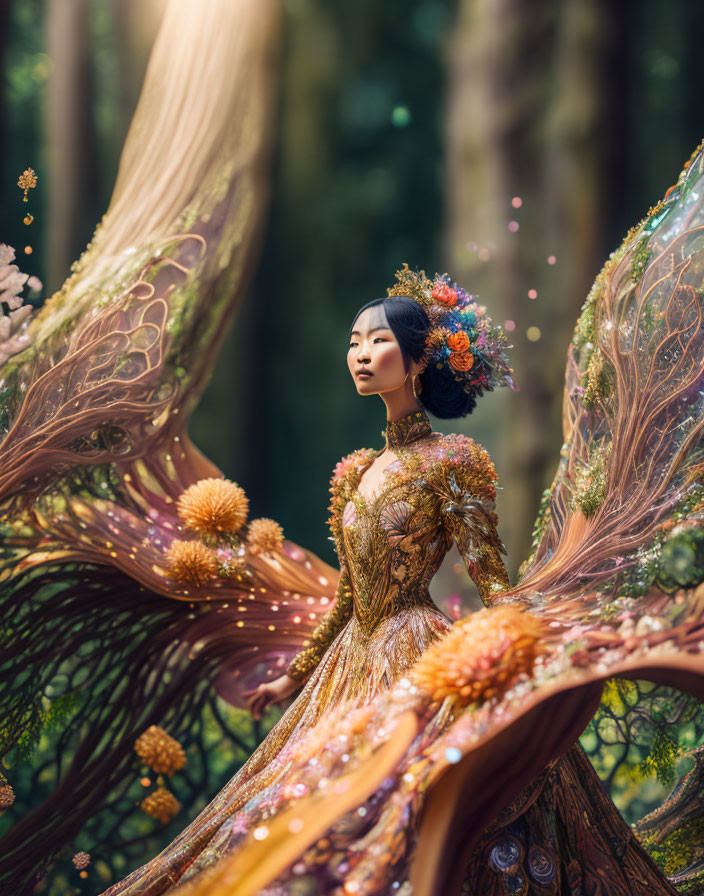 Elaborate Floral Gown and Translucent Wings in Mystical Forest