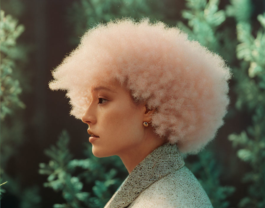 Voluminous pink cloud-like hair against green foliage profile portrait.