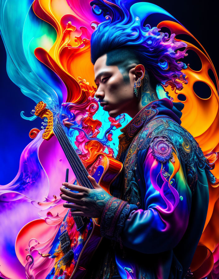 Elaborate Hairstyle Musician with Stringed Instrument in Vibrant Colors