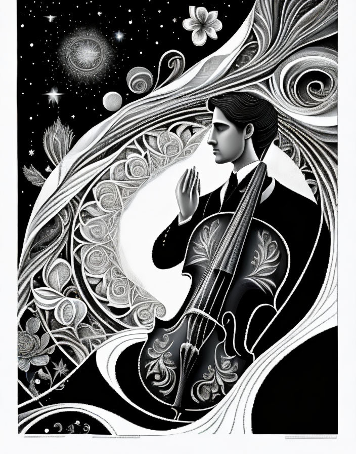 Monochromatic illustration of person fused with cello in cosmic setting