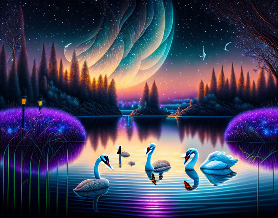 Tranquil night landscape with swans, purple flowers, trees, and aurora