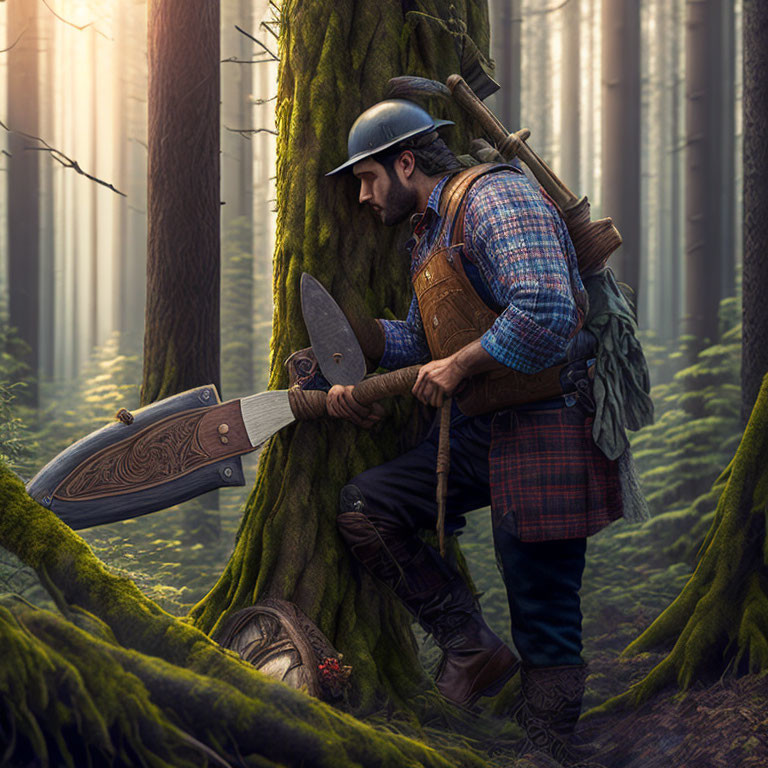 Medieval-inspired man with large sword in sunlit forest