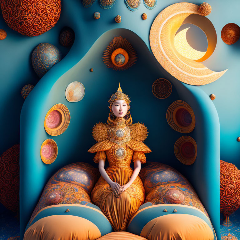 Woman in ornate golden regalia with headdress sitting before crescent moon and celestial orbs on blue