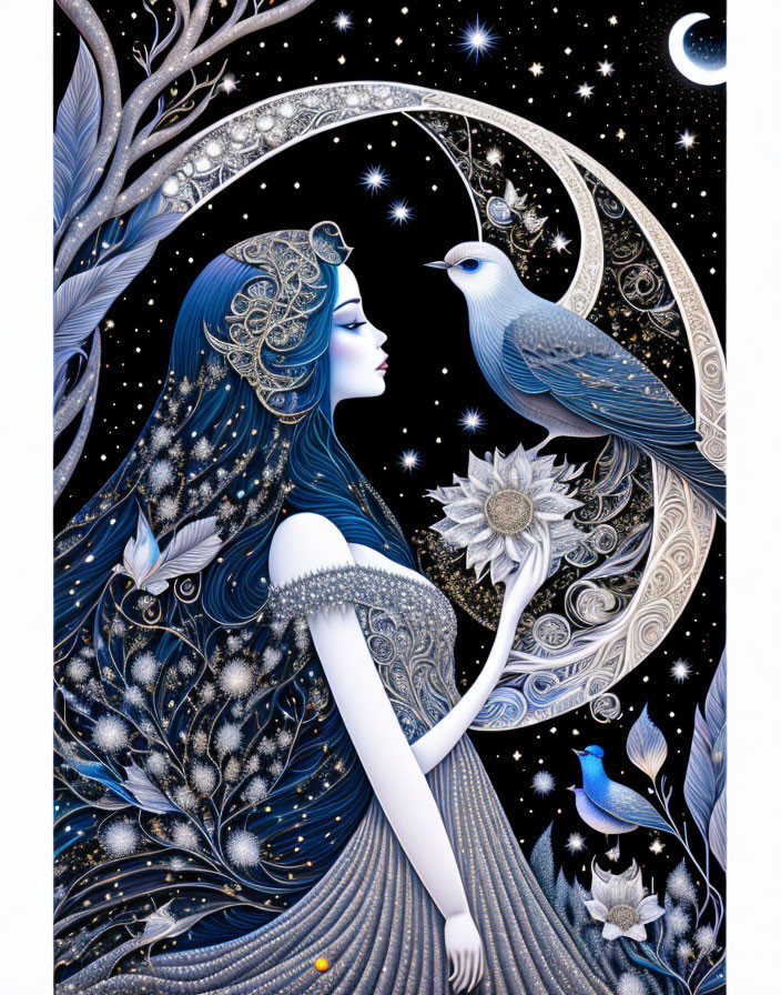 Celestial-themed woman illustration with nature and cosmos elements in dark blue palette