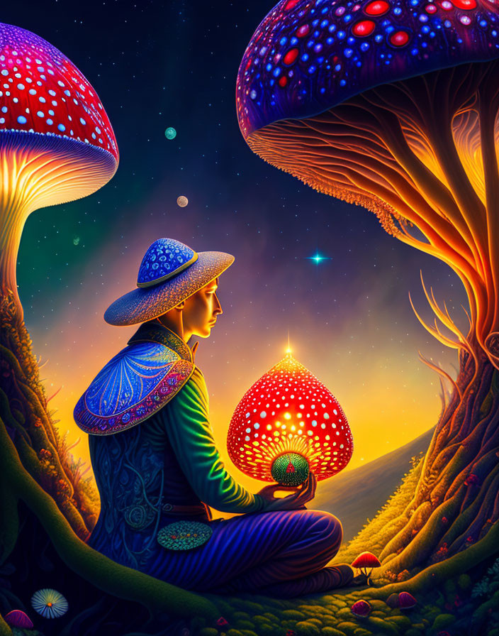 Colorful Outfit Person Under Giant Mushrooms in Fantasy Forest