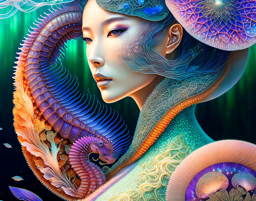 Colorful Digital Artwork: Woman with Aquatic Features, Seahorses, and Marine Patterns