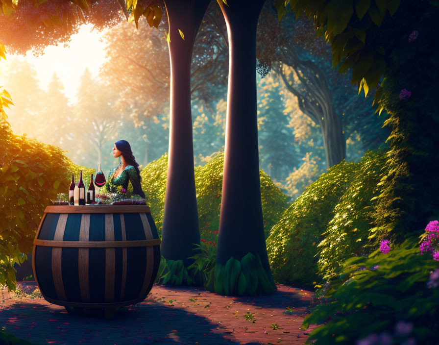 Person sitting at barrel table in serene forest glade with wine bottles