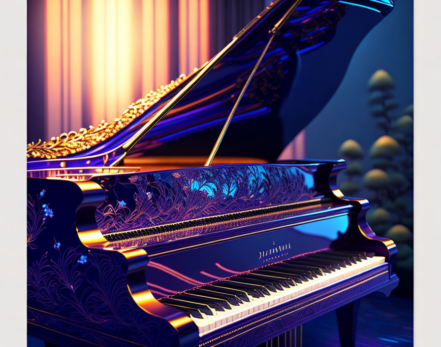 Intricately designed grand piano in warmly lit room with blue decor.