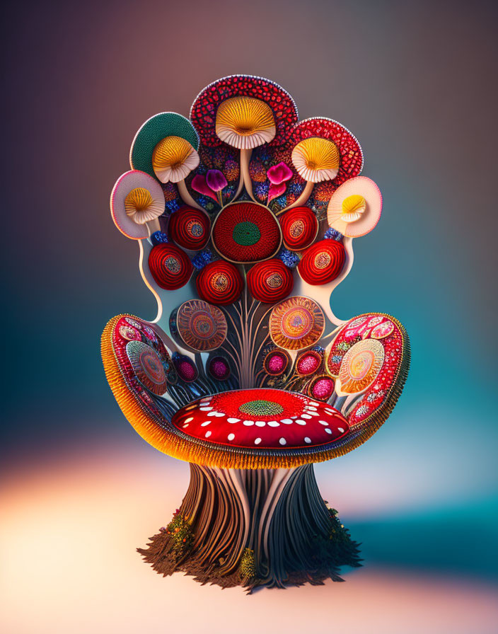 Colorful Tree with Mushroom-Like Trunk and Patterned Branches