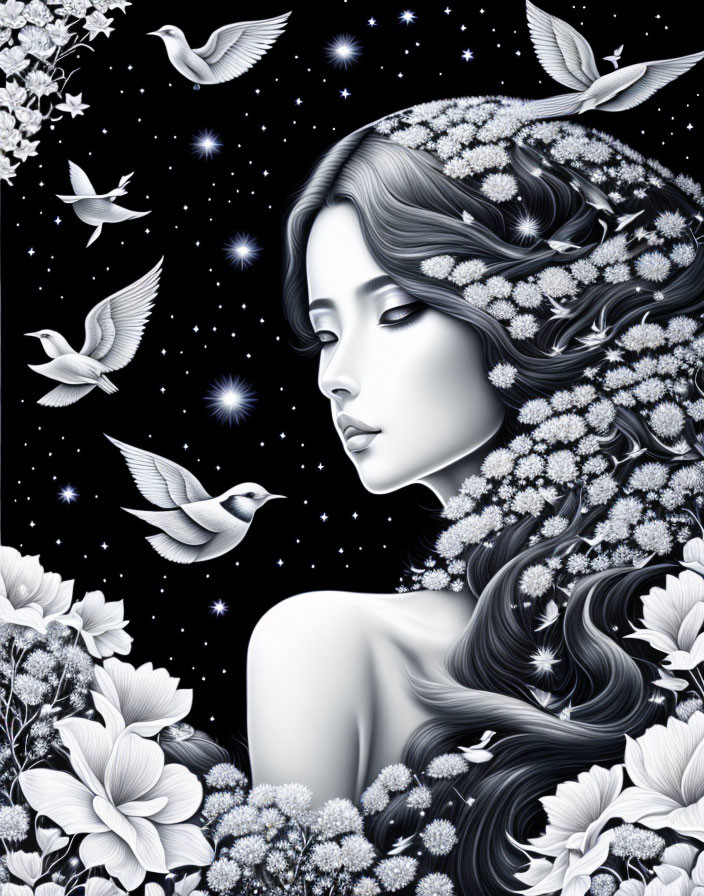 Monochromatic woman with floral hair, birds, and stars on black background