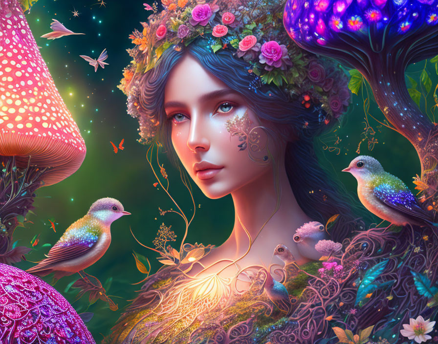 Fantasy portrait of woman with floral wreath, birds, mushrooms & enchanted forest.