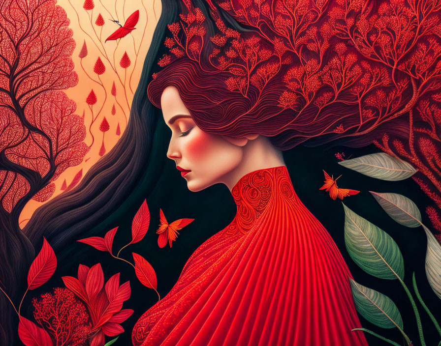 Illustration of woman with long hair blending into vibrant autumn backdrop