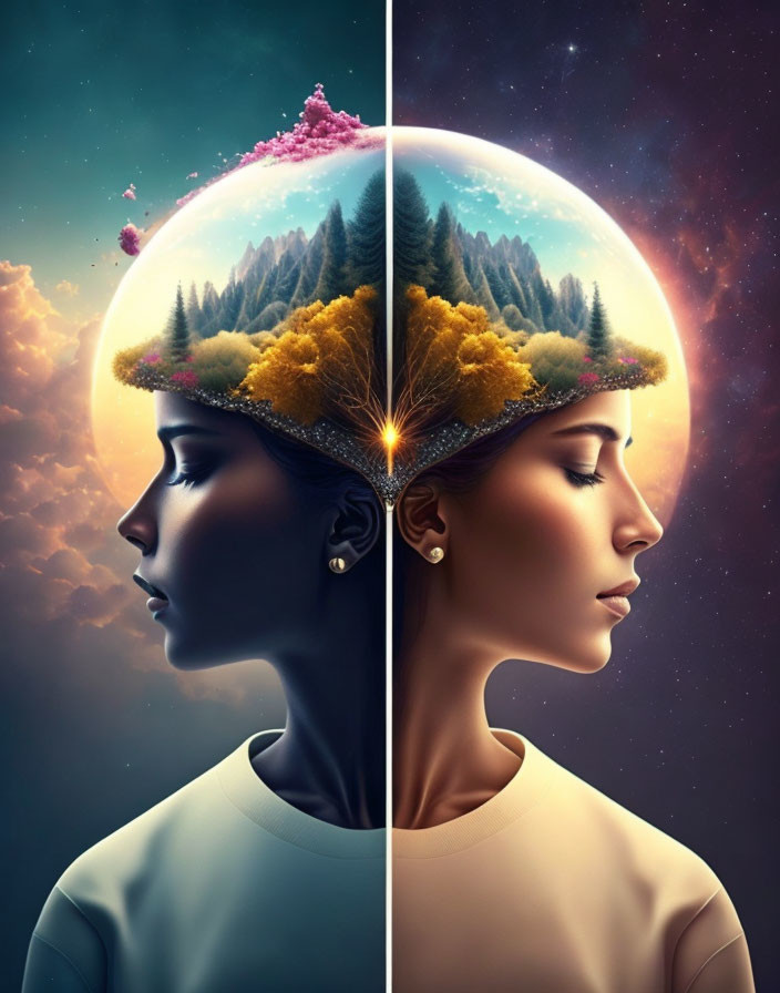 Split-image artwork: Woman's face in profile against twilight sky with dreamlike nature scene - symbolizing