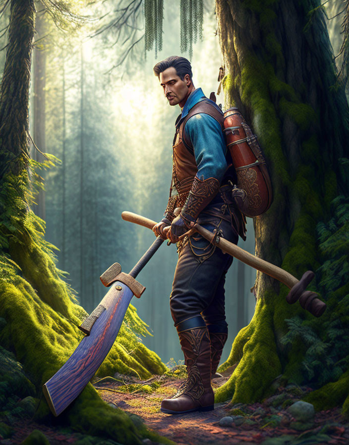 Fantasy-themed image of adventurer in forest with axe