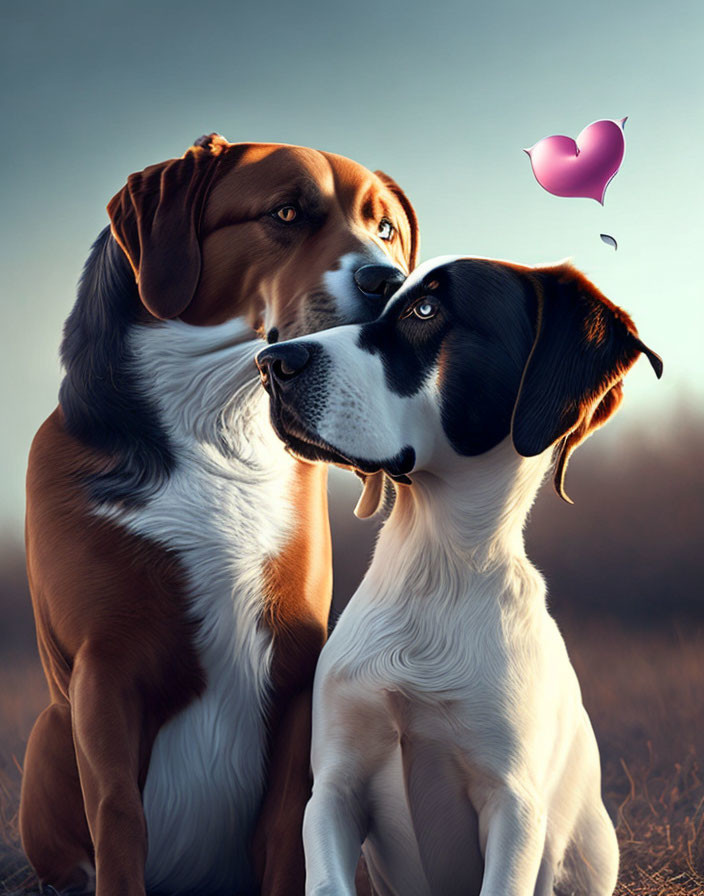 Two dogs with heart-shaped balloon - Affectionate scene of companionship