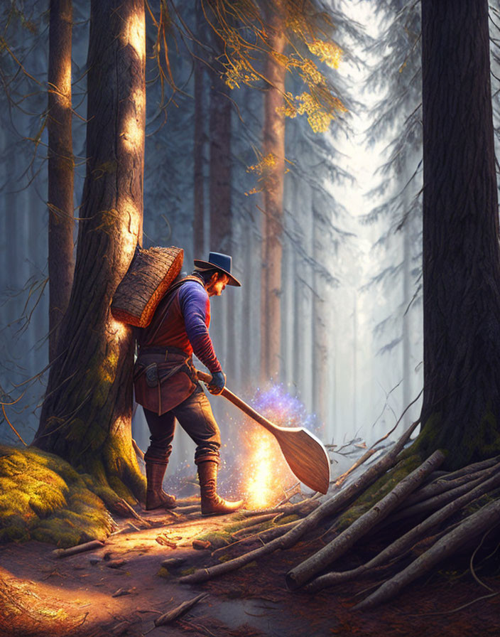 Person in hat and cloak forging glowing sword in mystical forest with sunbeams.