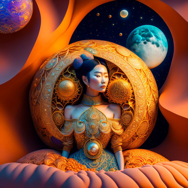 Woman in ornate golden attire with celestial bodies in surreal cosmic landscape