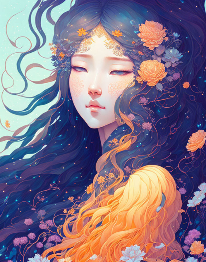 Illustrated Female Figure with Flowing Blue Hair and Orange Flowers in Serene Pose