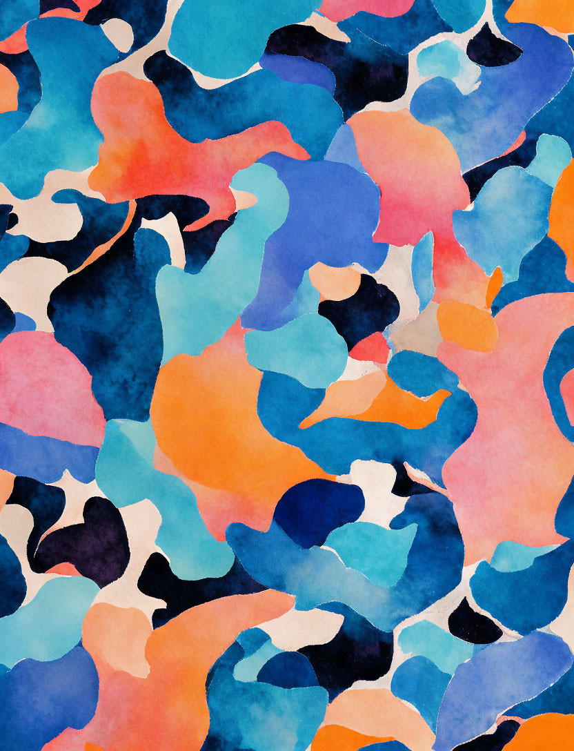 Colorful Abstract Watercolor Painting with Interlocking Shapes in Blue, Orange, Pink, and Black