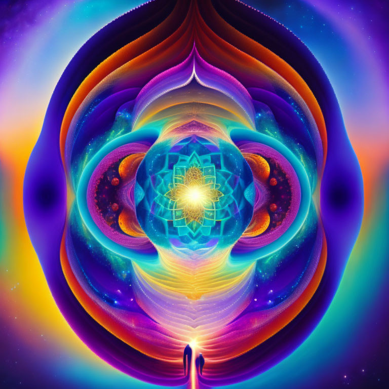 Symmetrical digital artwork with vivid colors and abstract cosmic design