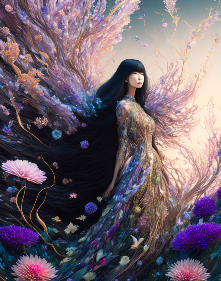 Woman with long hair and floral gown in vibrant blossoming landscape