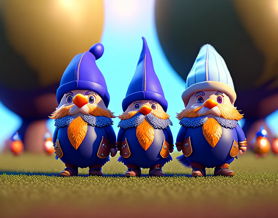 Three stylized birds with large beards and blue wizard hats in a row against warm glowing backdrop