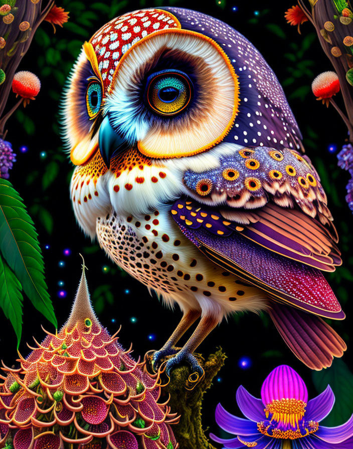 Vivid stylized owl on branch in whimsical art style